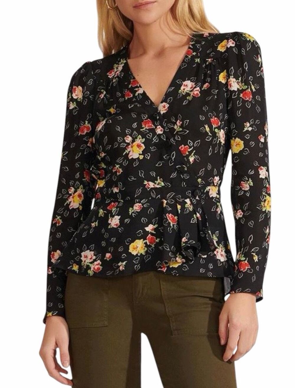 Veronica Beard Kiona 100% Silk Floral Peplum Blouse Black SZ 12 #2693